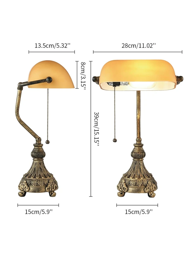 Alt view image 5 of 7 - Newrays Vintage Amber Glass Bankers Desk Lamp,LED Bulb Included | Home Office Library with Pull Chain Switch Plug in Fixture