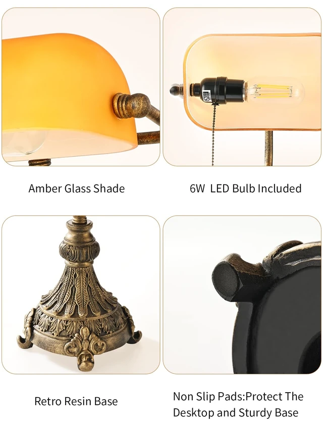 Alt view image 6 of 7 - Newrays Vintage Amber Glass Bankers Desk Lamp,LED Bulb Included | Home Office Library with Pull Chain Switch Plug in Fixture