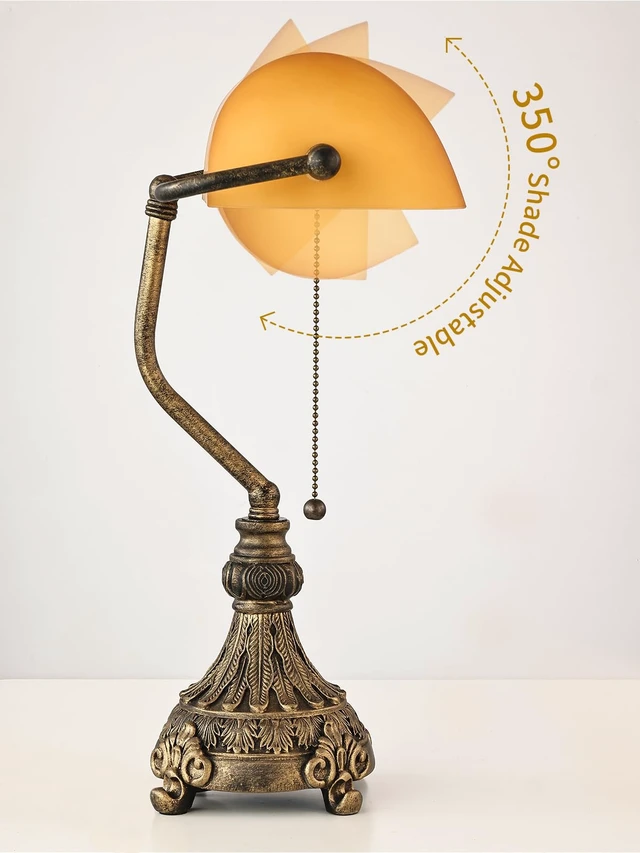 Alt view image 7 of 7 - Newrays Vintage Amber Glass Bankers Desk Lamp,LED Bulb Included | Home Office Library with Pull Chain Switch Plug in Fixture
