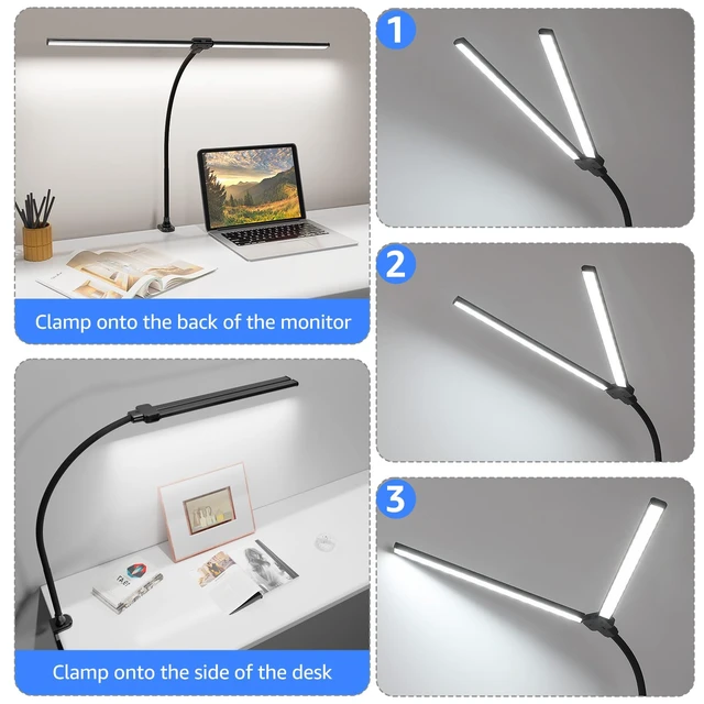 Alt view image 6 of 7 - ShineTech LED Desk Lamp for Home Office, 5000K Bright Double Head Architect Task Lamps with Clamp, Dimmable Adjustable Flexible, Black