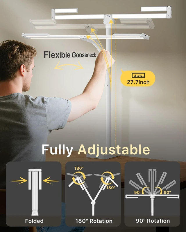 Alt view image 3 of 7 - ONEMIX 42" Desk Lamp for Home Office with Base, 1800LM 4-Panel LED Light | 5 Colors & 5 Brightness Levels, Flexible Gooseneck, Focused/Wide Lighting, Flicker-Free for Dual Monitors, Study & Workbench