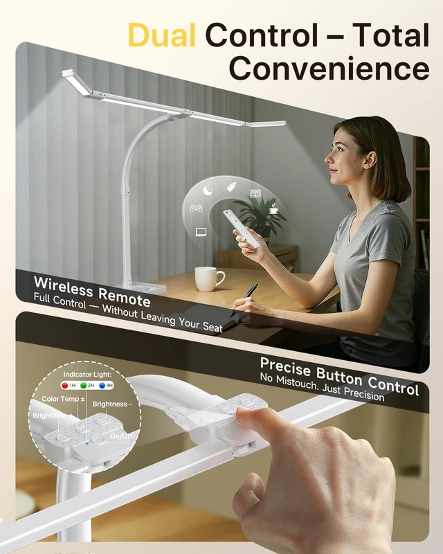 Alt view image 4 of 7 - ONEMIX 42" Desk Lamp for Home Office with Base, 1800LM 4-Panel LED Light | 5 Colors & 5 Brightness Levels, Flexible Gooseneck, Focused/Wide Lighting, Flicker-Free for Dual Monitors, Study & Workbench