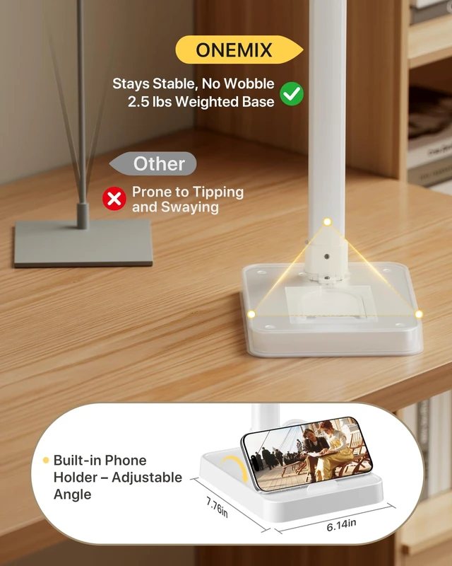 Alt view image 2 of 7 - ONEMIX 42" Desk Lamp for Home Office with Base, 1800LM 4-Panel LED Light | 5 Colors & 5 Brightness Levels, Flexible Gooseneck, Focused/Wide Lighting, Flicker-Free for Dual Monitors, Study & Workbench