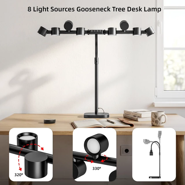 Alt view image 2 of 6 - Omorepa 8 Light Sources Gooseneck Tree Desk Lamp with Base, 24W Eye-Care Bright LED Desk Light with Remote, Dimmable Reading Table Light for Desktop Working,Drafting,Reading