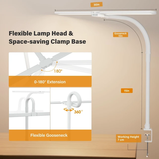 Alt view image 5 of 7 - SIBRILLE LED Desk Lamp for Home Office - Dimmable Computer Desk Light with Clamp, Modern Architect Task Lamp with Color Changing, Flexible Desktop Lamp with Gooseneck for Monitor, Double Head, White