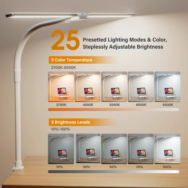 Alt view image 3 of 7 - SIBRILLE LED Desk Lamp for Home Office - Dimmable Computer Desk Light with Clamp, Modern Architect Task Lamp with Color Changing, Flexible Desktop Lamp with Gooseneck for Monitor, Double Head, White