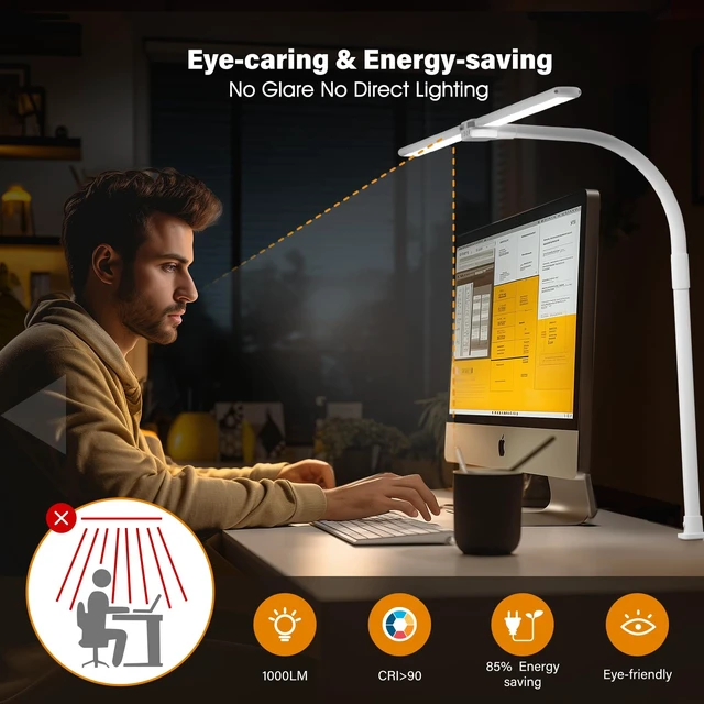 Alt view image 6 of 7 - SIBRILLE LED Desk Lamp for Home Office - Dimmable Computer Desk Light with Clamp, Modern Architect Task Lamp with Color Changing, Flexible Desktop Lamp with Gooseneck for Monitor, Double Head, White
