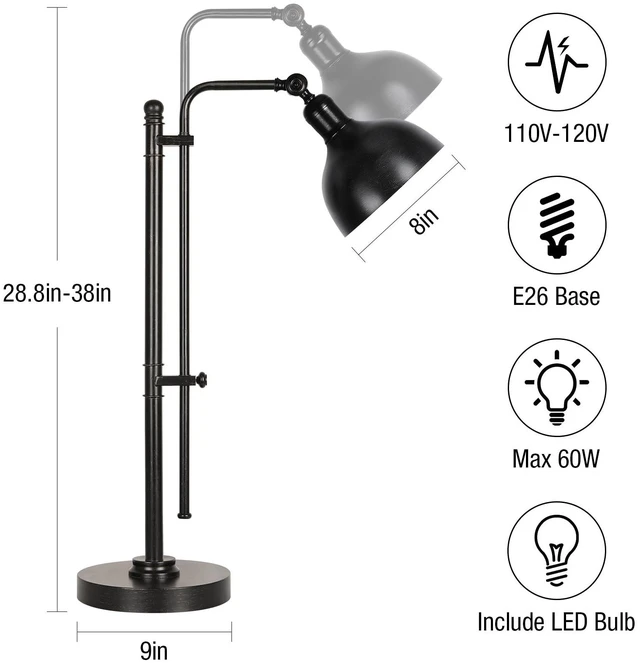 Alt view image 2 of 7 - PARTPHONER Industrial Adjustable Desk Lamp for Home Office, Farmhouse Table lamp 29''-38'', Rustic Metal Task Desk Lamp in Aged Bronze Finish, Vintage Reading Lamp for Study RoomBlack