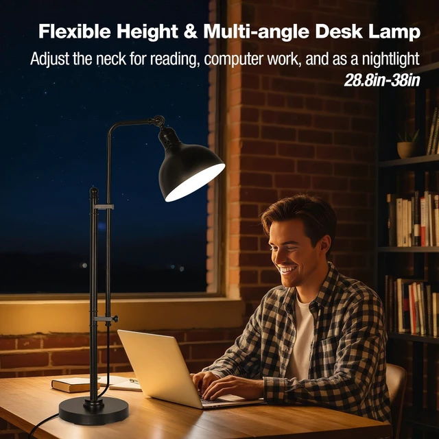 Alt view image 6 of 7 - PARTPHONER Industrial Adjustable Desk Lamp for Home Office, Farmhouse Table lamp 29''-38'', Rustic Metal Task Desk Lamp in Aged Bronze Finish, Vintage Reading Lamp for Study RoomBlack