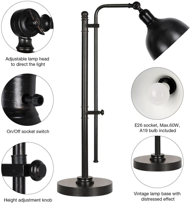 Alt view image 7 of 7 - PARTPHONER Industrial Adjustable Desk Lamp for Home Office, Farmhouse Table lamp 29''-38'', Rustic Metal Task Desk Lamp in Aged Bronze Finish, Vintage Reading Lamp for Study RoomBlack