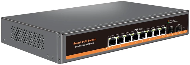 Main image of Davuaz 2.5G Unmanaged PoE Switch with 8 x 2.5G Base-T Ports and 2 x 10G SFP Uplink Port, Compatible with 100/1000/2500Mbps, Fanlesss Plug & Play, 2.5Gb Power Over Ethernet Switch