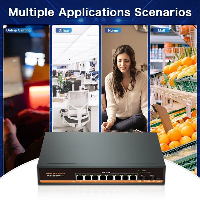 Alt view image 3 of 4 - Davuaz 2.5G Unmanaged PoE Switch with 8 x 2.5G Base-T Ports and 2 x 10G SFP Uplink Port, Compatible with 100/1000/2500Mbps, Fanlesss Plug & Play, 2.5Gb Power Over Ethernet Switch
