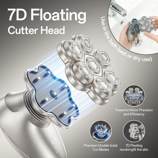 Alt view image 3 of 7 - Head Shaver for Bald Men, 7D Floating Rotary Shaver, 5 in 1 Electric Razor for Men Grooming Kit, Magnetic Detachable Heads,IPX7 Waterproof, Type-C Charge