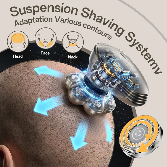 Alt view image 4 of 7 - Head Shaver for Bald Men, 7D Floating Rotary Shaver, 5 in 1 Electric Razor for Men Grooming Kit, Magnetic Detachable Heads,IPX7 Waterproof, Type-C Charge