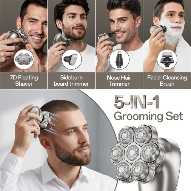Alt view image 6 of 7 - Head Shaver for Bald Men, 7D Floating Rotary Shaver, 5 in 1 Electric Razor for Men Grooming Kit, Magnetic Detachable Heads,IPX7 Waterproof, Type-C Charge