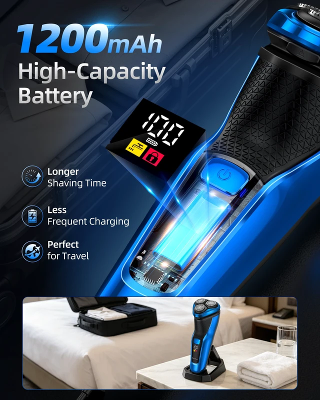 Alt view image 2 of 7 - Electric Razor for Men, 3D Rotary Shaver, Wet & Dry Waterproof Electric Shaver with USB Charging, Charging Stand, Ergonomic Grip, Pop-Up Trimmer for Beard Grooming (Blue)