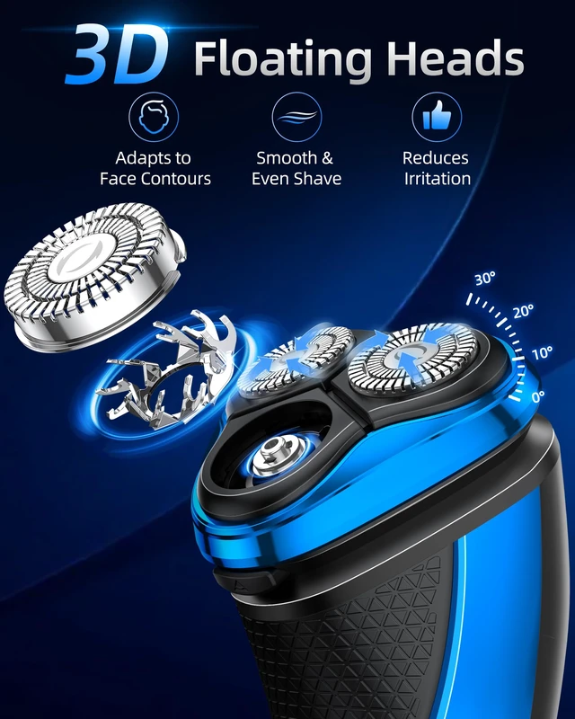 Alt view image 4 of 7 - Electric Razor for Men, 3D Rotary Shaver, Wet & Dry Waterproof Electric Shaver with USB Charging, Charging Stand, Ergonomic Grip, Pop-Up Trimmer for Beard Grooming (Blue)