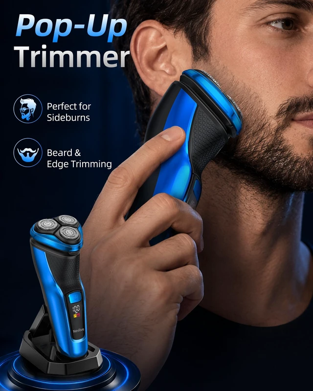 Alt view image 6 of 7 - Electric Razor for Men, 3D Rotary Shaver, Wet & Dry Waterproof Electric Shaver with USB Charging, Charging Stand, Ergonomic Grip, Pop-Up Trimmer for Beard Grooming (Blue)