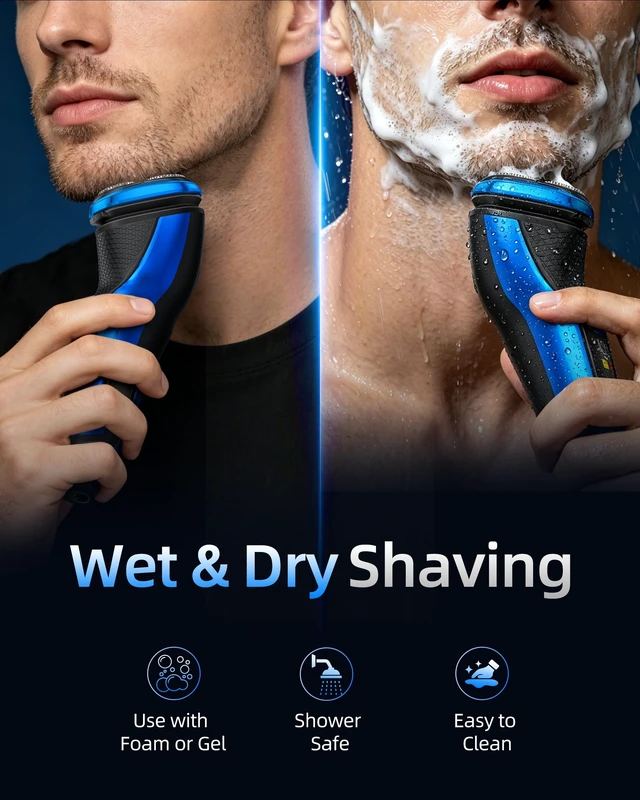 Alt view image 5 of 7 - Electric Razor for Men, 3D Rotary Shaver, Wet & Dry Waterproof Electric Shaver with USB Charging, Charging Stand, Ergonomic Grip, Pop-Up Trimmer for Beard Grooming (Blue)