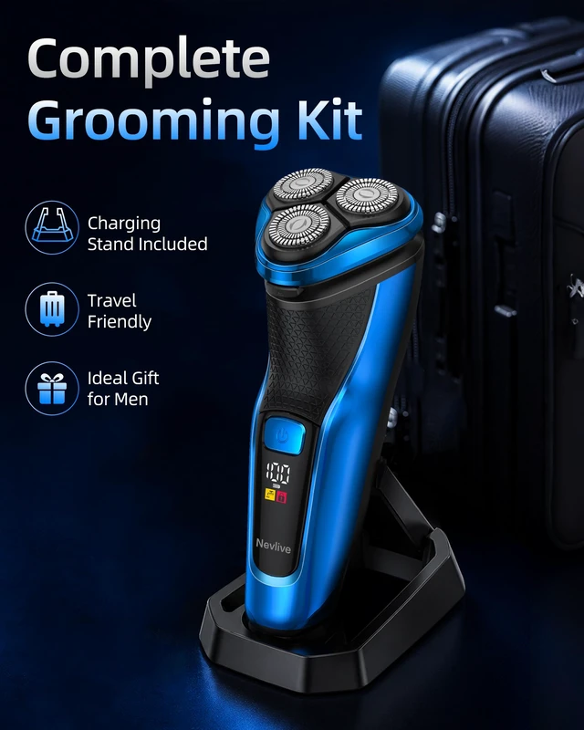 Alt view image 7 of 7 - Electric Razor for Men, 3D Rotary Shaver, Wet & Dry Waterproof Electric Shaver with USB Charging, Charging Stand, Ergonomic Grip, Pop-Up Trimmer for Beard Grooming (Blue)