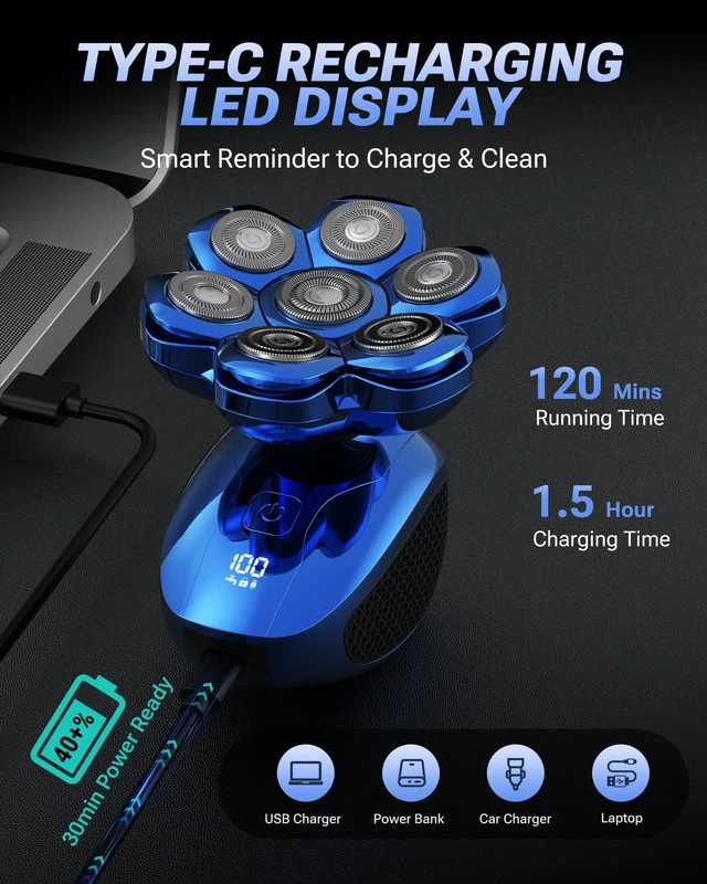 Alt view image 2 of 5 - Feysfew Head Shaver for Bald Men, 7D Floating Electric Razor, Close Smooth Shave for Head, Flexible Heads, Replaceable Blade, IPX7 Waterproof Wet Dry Use, LED Display, USB Charging Blue