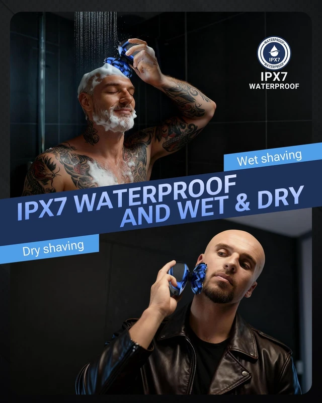 Alt view image 3 of 5 - Feysfew Head Shaver for Bald Men, 7D Floating Electric Razor, Close Smooth Shave for Head, Flexible Heads, Replaceable Blade, IPX7 Waterproof Wet Dry Use, LED Display, USB Charging Blue
