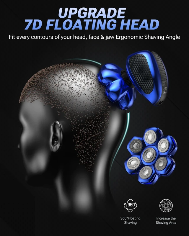 Alt view image 4 of 5 - Feysfew Head Shaver for Bald Men, 7D Floating Electric Razor, Close Smooth Shave for Head, Flexible Heads, Replaceable Blade, IPX7 Waterproof Wet Dry Use, LED Display, USB Charging Blue