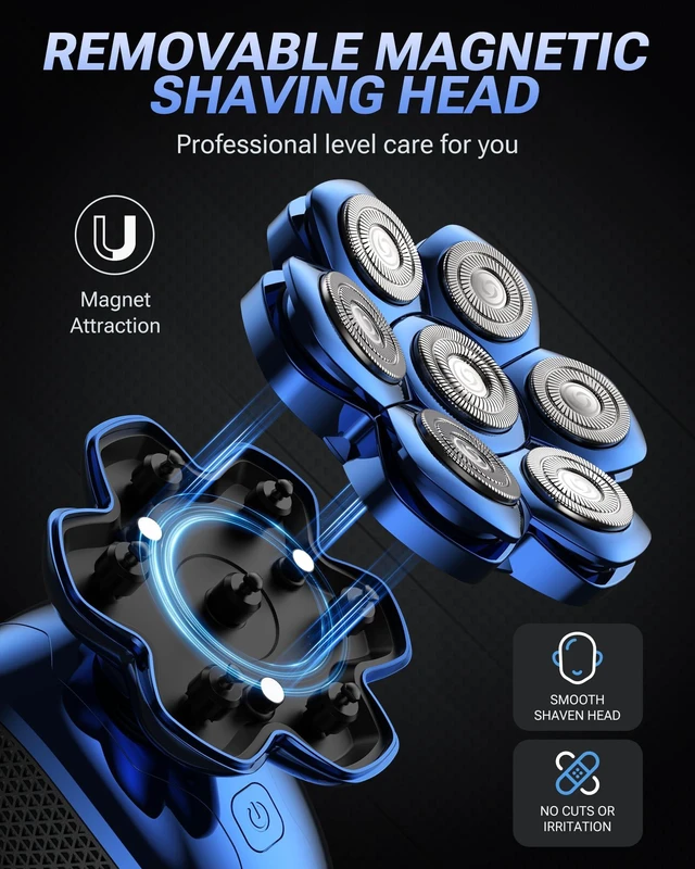 Alt view image 5 of 5 - Feysfew Head Shaver for Bald Men, 7D Floating Electric Razor, Close Smooth Shave for Head, Flexible Heads, Replaceable Blade, IPX7 Waterproof Wet Dry Use, LED Display, USB Charging Blue