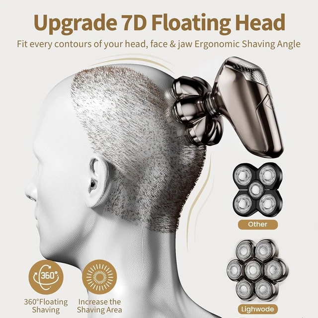 Alt view image 5 of 7 - SHPAVVER Head Shavers for Bald Men: 5-in-1 IPX7 Waterproof Grooming Kit - 7D Floating Electric Razor with Magnetic Removable Head - Wet/Dry LED Display - Type-C Fast Charging, Gray