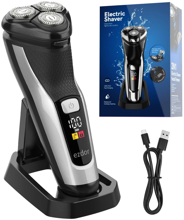 Main image of Electric Razor for Men, 3D Rotary Electric Shaver with Long-Lasting Battery, Ergonomic Grip, Wet & Dry Waterproof Face Shaver, USB Rechargeable with Charging Stand, Pop-Up Trimmer (Gray)