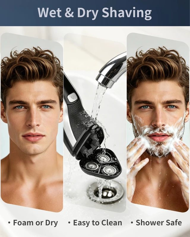 Alt view image 4 of 6 - Electric Razor for Men, 3D Rotary Electric Shaver with Long-Lasting Battery, Ergonomic Grip, Wet & Dry Waterproof Face Shaver, USB Rechargeable with Charging Stand, Pop-Up Trimmer (Gray)