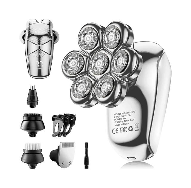 Main image of SHPAVVER Head Shavers for Bald Men: 5-in-1 IPX7 Waterproof Grooming Kit - 7D Floating Electric Razor with Magnetic Removable Head - Wet/Dry LED Display - Type-C Fast Charging, Silver
