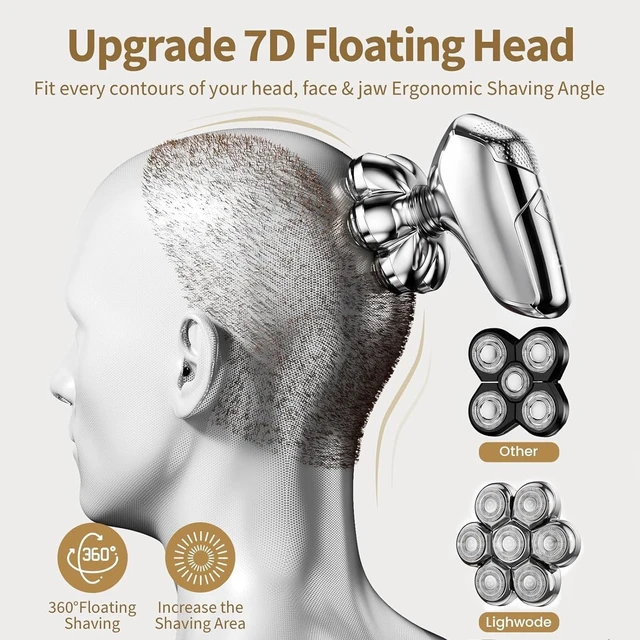 Alt view image 5 of 7 - SHPAVVER Head Shavers for Bald Men: 5-in-1 IPX7 Waterproof Grooming Kit - 7D Floating Electric Razor with Magnetic Removable Head - Wet/Dry LED Display - Type-C Fast Charging, Silver