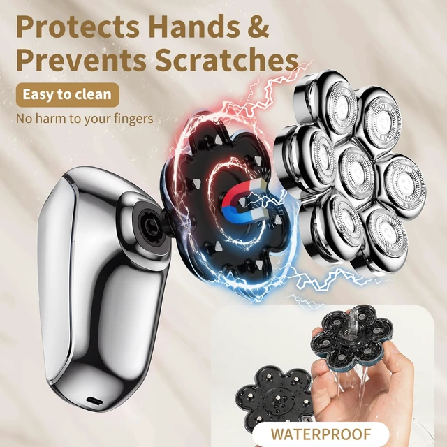 Alt view image 2 of 7 - SHPAVVER Head Shavers for Bald Men: 5-in-1 IPX7 Waterproof Grooming Kit - 7D Floating Electric Razor with Magnetic Removable Head - Wet/Dry LED Display - Type-C Fast Charging, Silver