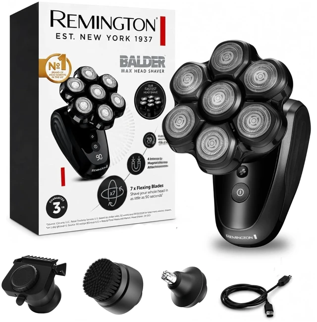 Main image of Remington Balder MAX Head Shaver for Men, 7-Head Rotary Wet & Dry Razor | Cordless Design for Flexible Use, 70-Min Runtime, rechargeable battery, wet & dry shaving, sleek black finish