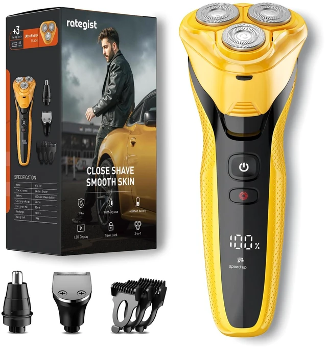 Main image of rategist Rechargeable Electric Razor for Men: 3-in-1 Shaver for Beard/Nose/Sideburns - IPX7 Waterproof Travel Kit - Turbo Speed & Precision Blades,Cyber Yellow