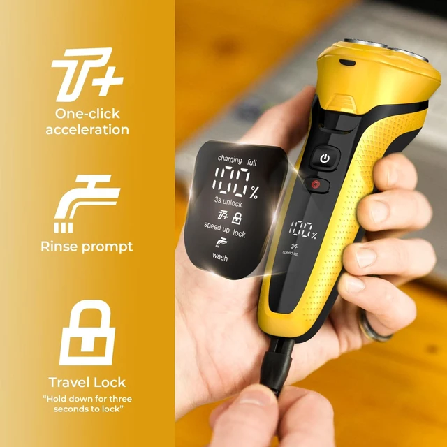Alt view image 4 of 7 - rategist Rechargeable Electric Razor for Men: 3-in-1 Shaver for Beard/Nose/Sideburns - IPX7 Waterproof Travel Kit - Turbo Speed & Precision Blades,Cyber Yellow