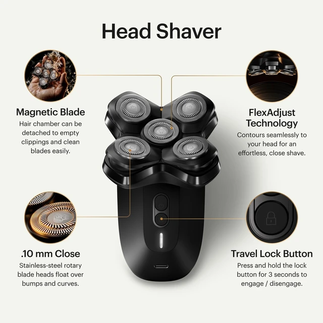 Alt view image 2 of 7 - MANSCAPED® The Dome Shaver PRO Head Shaver for Bald Men | Five Rotary Blade Design with SkinSafe® & FlexAdjust Technology, Wet/Dry, USB-C & Wireless Charging, Travel Lock Compatible