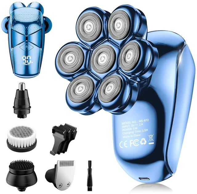 Main image of SHPAVVER Head Shavers for Bald Men: 5-in-1 IPX7 Waterproof Grooming Kit - 7D Floating Electric Razor with Magnetic Removable Head - Wet/Dry LED Display - Type-C Fast Charging, Blue