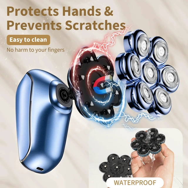 Alt view image 2 of 7 - SHPAVVER Head Shavers for Bald Men: 5-in-1 IPX7 Waterproof Grooming Kit - 7D Floating Electric Razor with Magnetic Removable Head - Wet/Dry LED Display - Type-C Fast Charging, Blue