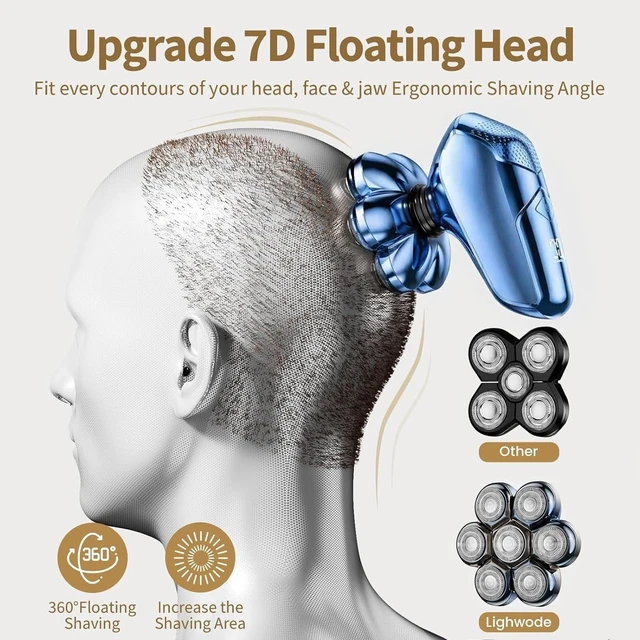 Alt view image 5 of 7 - SHPAVVER Head Shavers for Bald Men: 5-in-1 IPX7 Waterproof Grooming Kit - 7D Floating Electric Razor with Magnetic Removable Head - Wet/Dry LED Display - Type-C Fast Charging, Blue