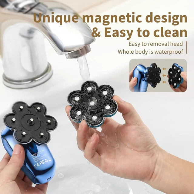 Alt view image 7 of 7 - SHPAVVER Head Shavers for Bald Men: 5-in-1 IPX7 Waterproof Grooming Kit - 7D Floating Electric Razor with Magnetic Removable Head - Wet/Dry LED Display - Type-C Fast Charging, Blue