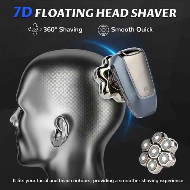 Alt view image 4 of 7 - Head Shaver for Bald Men, 7-Head Magnetic Electric Razor, 5-in-1 Grooming Kit with LED Battery Display, IPX6 Wet Dry Shaver, USB-C Rechargeable, Silver Gray