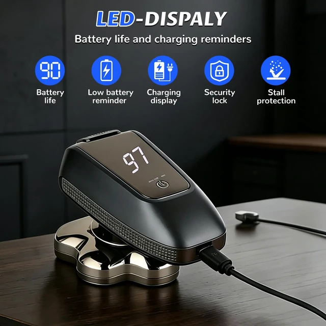 Alt view image 5 of 7 - Head Shaver for Bald Men, 7-Head Magnetic Electric Razor, 5-in-1 Grooming Kit with LED Battery Display, IPX6 Wet Dry Shaver, USB-C Rechargeable, Silver Gray