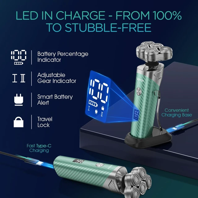 Alt view image 6 of 7 - VOYOR Electric Razor for Men - 5D Floating Shavers for Men Wet Dry, Green | Magnetic Electric Shaver Rechargeable Face Shaver LED Display IPX6 Waterproof Mens Rotary Razors for Shaving Face TX500