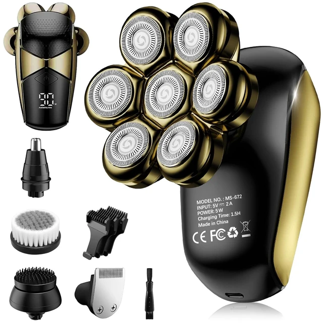 Main image of SHPAVVER Head Shavers for Bald Men: 5-in-1 IPX7 Waterproof Grooming Kit - 7D Floating Electric Razor with Magnetic Removable Head - Wet/Dry LED Display - Type-C Fast Charging, Gold