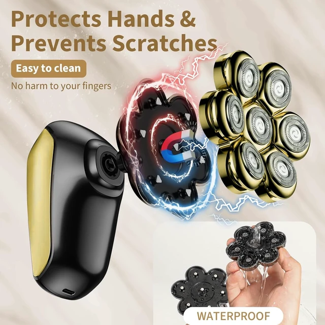 Alt view image 2 of 7 - SHPAVVER Head Shavers for Bald Men: 5-in-1 IPX7 Waterproof Grooming Kit - 7D Floating Electric Razor with Magnetic Removable Head - Wet/Dry LED Display - Type-C Fast Charging, Gold