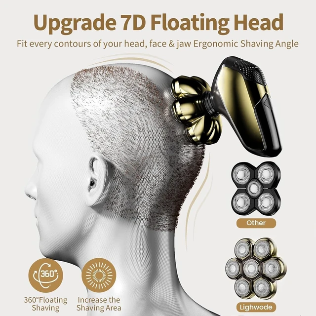 Alt view image 5 of 7 - SHPAVVER Head Shavers for Bald Men: 5-in-1 IPX7 Waterproof Grooming Kit - 7D Floating Electric Razor with Magnetic Removable Head - Wet/Dry LED Display - Type-C Fast Charging, Gold