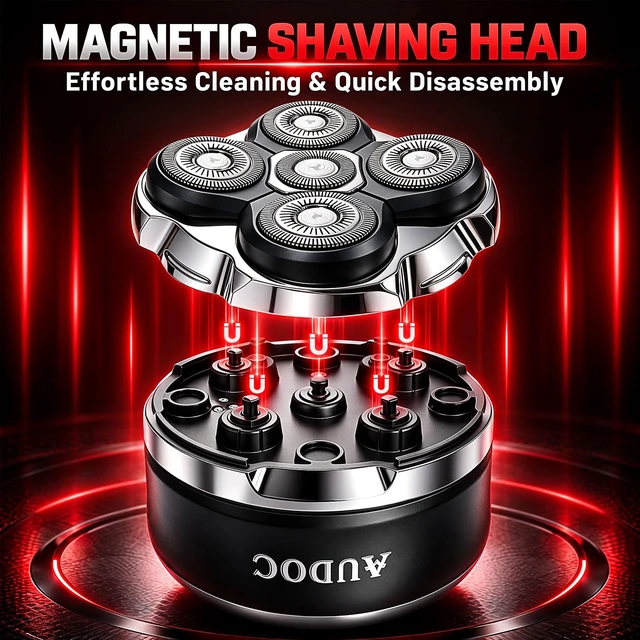 Alt view image 2 of 6 - Head Shavers for Bald Men with 2 Magnetic Detachable Heads(1 Extra) | Electric Shavers for Men,Waterproof Wet/Dry Rotary Shaver, LED Display,Long Battery Life, Dual-Speed Power,Gifts for Men