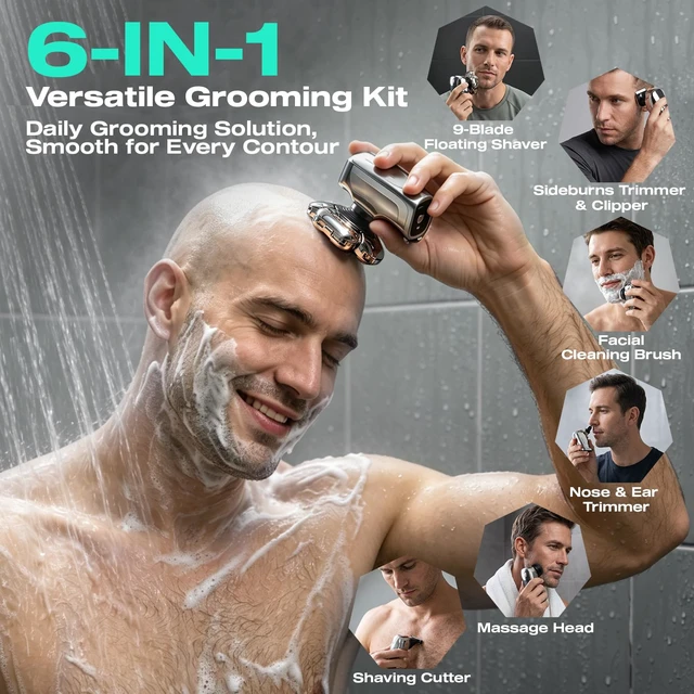 Alt view image 2 of 7 - Waking Forest Head Shavers for Bald Men, 6-in-1 9D Floating Skull Shaver | Mens Grooming Kit, Beard Trimmer Clippers, Nose Trimmer, Body Hair Shaver, IPX7 Waterproof Electric Razor, LED Display